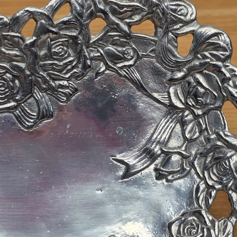 Vintage Arthur Court‎ California Rose Heart Tray Silver 1993 Aluminum With Box